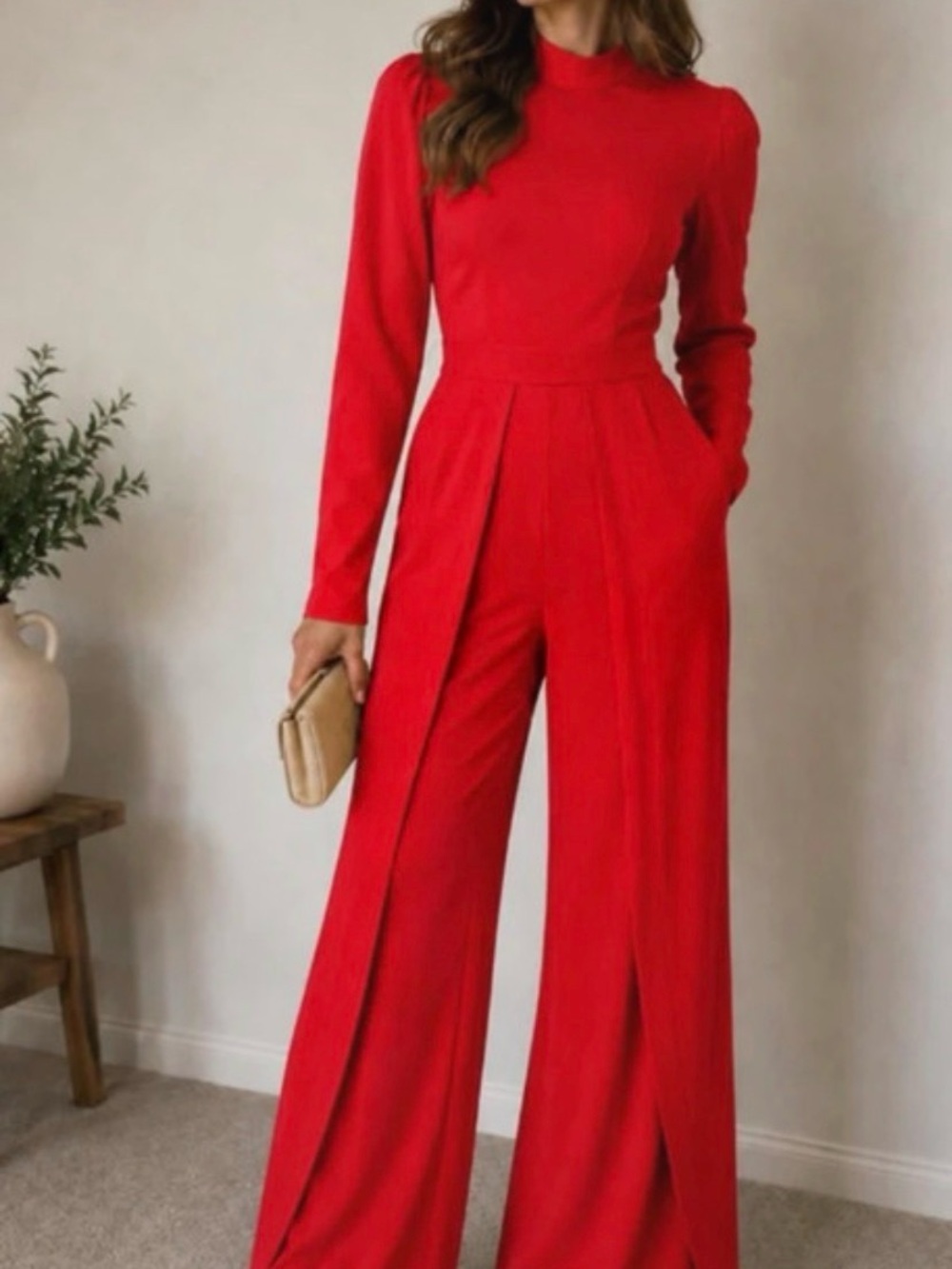 SHEIN Red Long-Sleeve Wide-Leg Pleated Jumpsuit